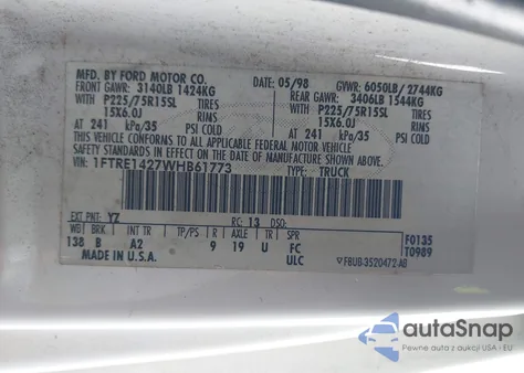 1998 Ford Econoline Commercial/Recreational из США, поврежденный, VIN 1FTRE1427WHB61773